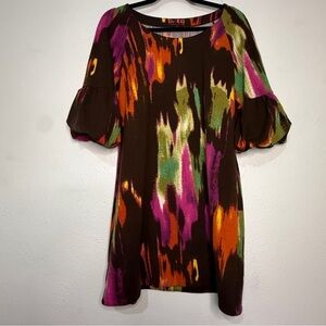 Isle Women’s Abstract Print Puff-Sleeve Tunic Dress - Brown Multi. Sz M.